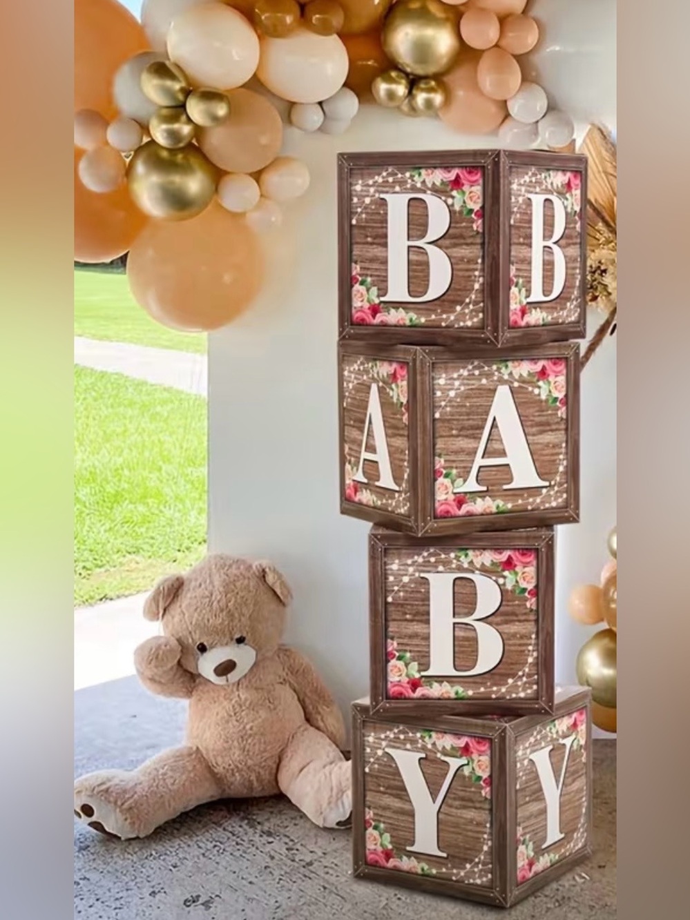 Rustic Floral Baby Blocks Stack - Cream and Brown Nursery Accent